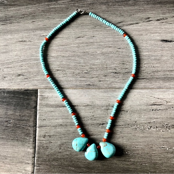 Artisan Handmade Genuine Turquoise & Carnelian Teardrop Beaded Necklace - Picture 4 of 7